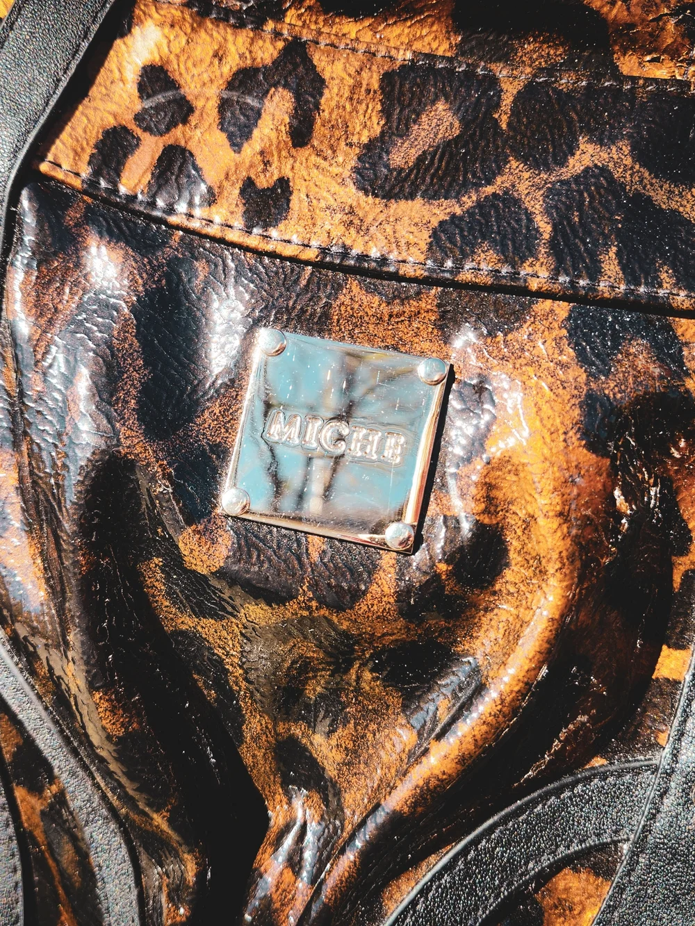 MICHE Lisa Leopard Print Shell Handbag Faux Patent Multi Pocket Tote Purse